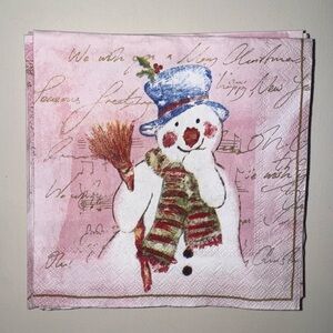 Pink 5x5 napkins/cocktail with gold writing & snowman/x-mas tree.